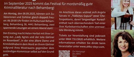 Plakat für ein Kriminalfestival in Behamberg. Das Festival findet am 25. statt. Tickets können unter 0664 73115620 gekauft werden.
