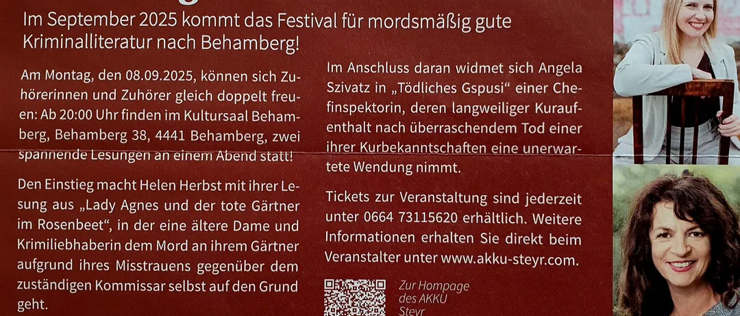 Plakat für ein Kriminalfestival in Behamberg. Das Festival findet am 25. statt. Tickets können unter 0664 73115620 gekauft werden.