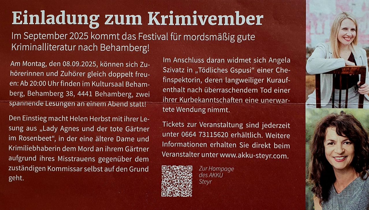 Am 25. Oktober 2025 kommt das Festival für Krimiliebhaber nach Behamberg. Besucher können im Kultursaal Behamberg ein Doppelprogramm genießen und anschließend zu Abend essen. Tickets sind erhältlich, und weitere Informationen finden Sie auf der AKKU Steyr Website.