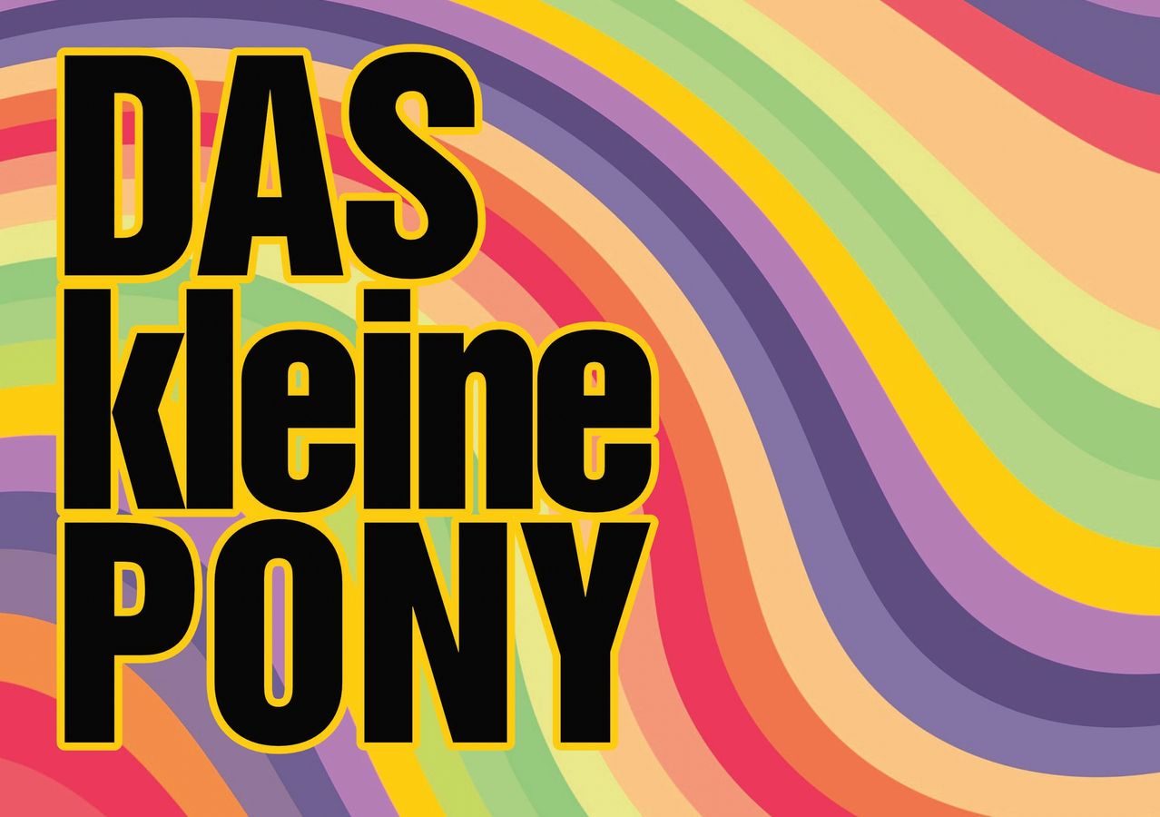 Ein lebendiges, farbenfrohes Grafik mit den Worten 'DAS kleine PONY' in fetten schwarzen Buchstaben auf einem Regenbogenhintergrund. Das Design ist verspielt und auffällig.