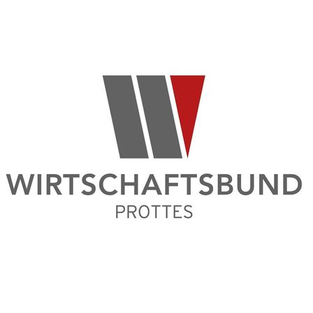 Das Wirtschaftsbund Protes Logo zeigt drei vertikale Linien in Grau, die oben durch ein rotes Dreieck verbunden sind. Der Text 'WIRTSCHAFTSBUND' ist in fetten schwarzen Großbuchstaben geschrieben. Darunter steht 'PROTES' in kleineren schwarzen Buchstaben.