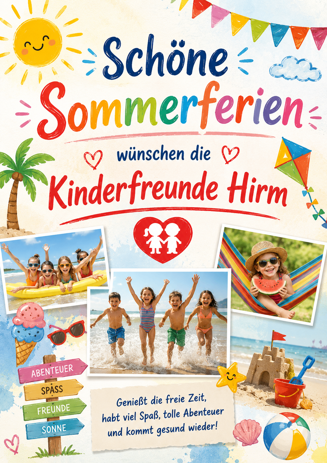 Ein Plakat für Kindersommerferien. Es zeigt Kinder, die am Strand Spaß haben, auf einer Schaukel und mit einem Drachen spielen. Der Titel lautet 'Sommerferien'.