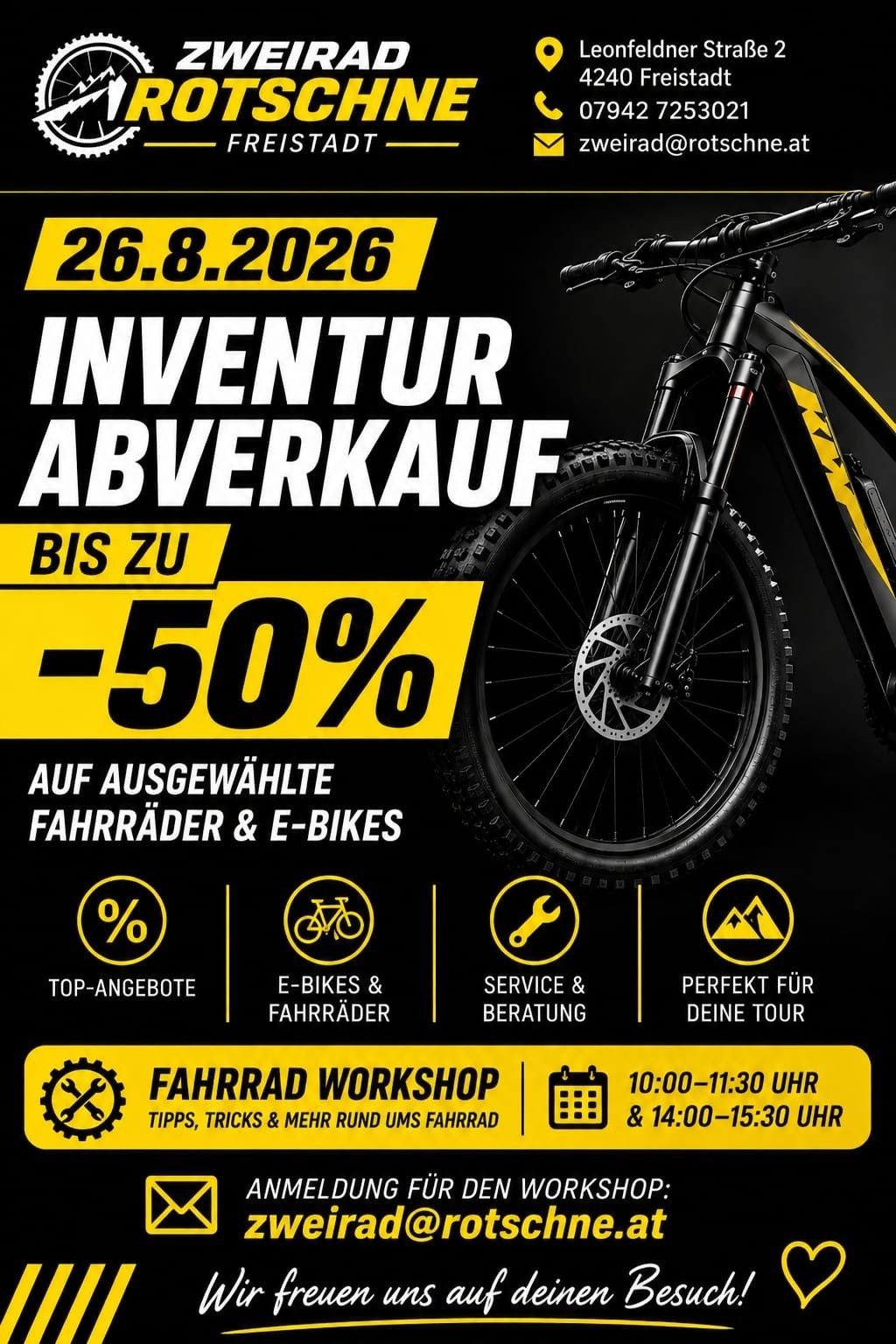 An advertisement poster for an inventory sale of bicycles and e-bikes with discounts up to 50% on August 26, 2026. It features a black and yellow mountain bike with various icons representing top offers, e-bikes, service, and perfect for your tour.