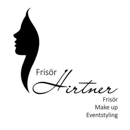 Ein schwarz-weißes Logo mit der Silhouette einer Frau namens 'Frisör Hirtner'. Es bietet Friseur-, Make-up- und Event-Styling-Dienstleistungen an.