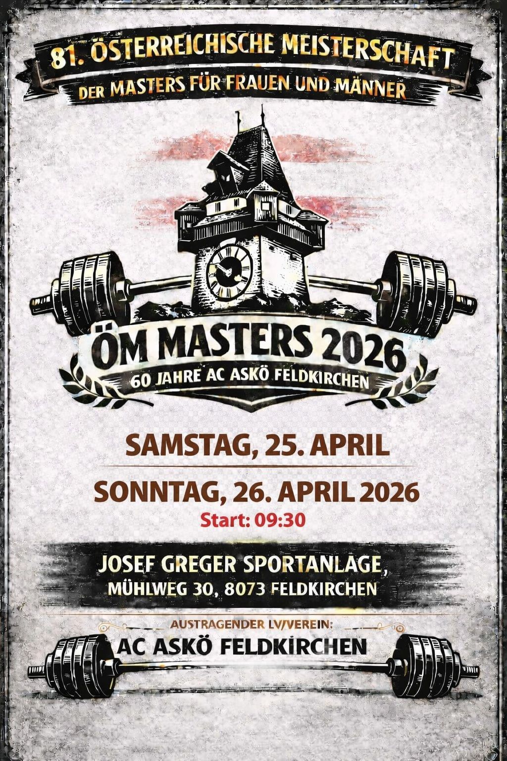 Poster advertising ÖM Masters 2026 event on April 25 and 26, 2026, starting at 09:30 at Josef Greger Sports Facility in Feldkirchen.