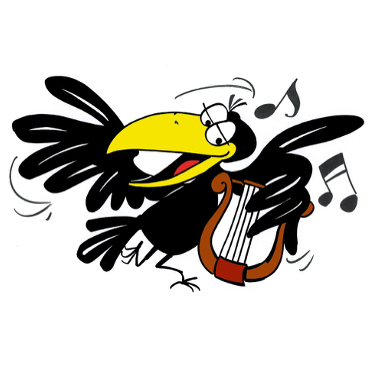 Eine Cartoon-Krähe mit langem gelbem Schnabel spielt eine Leier, während sie mit musikalischen Noten um sie herum fliegt.