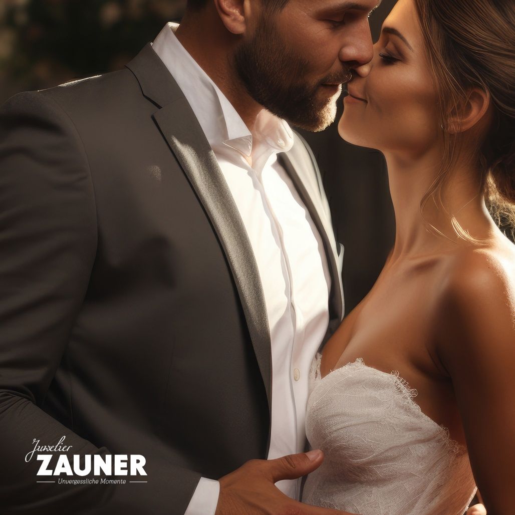 Ein Mann und eine Frau küssen sich in einem intimen Moment, wahrscheinlich bei einer Hochzeit. Der Mann ist in einem formellen Anzug gekleidet, und die Frau trägt ein weißes Hochzeitskleid.