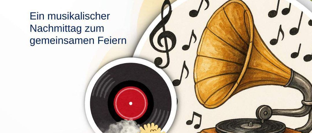 Plakat für einen musikalischen Abend. Es zeigt einen alten Grammophon mit einer Schallplatte, Noten und einem Herz. Der Text lautet: 'Abgestuft & einstudiert' und 'Melodien fürs Herz'. Die Veranstaltung findet am 19. April 2026 im Gasthaus 'Treffpunkt' in Buchschachen statt.