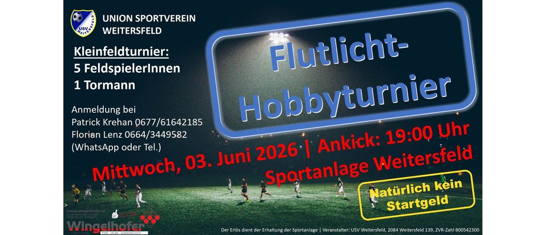 Ein Plakat für ein Fußballereignis, Flutlicht Hobbyturnen, geplant für den 3. Juni 2026, mit Spielern auf dem Feld.