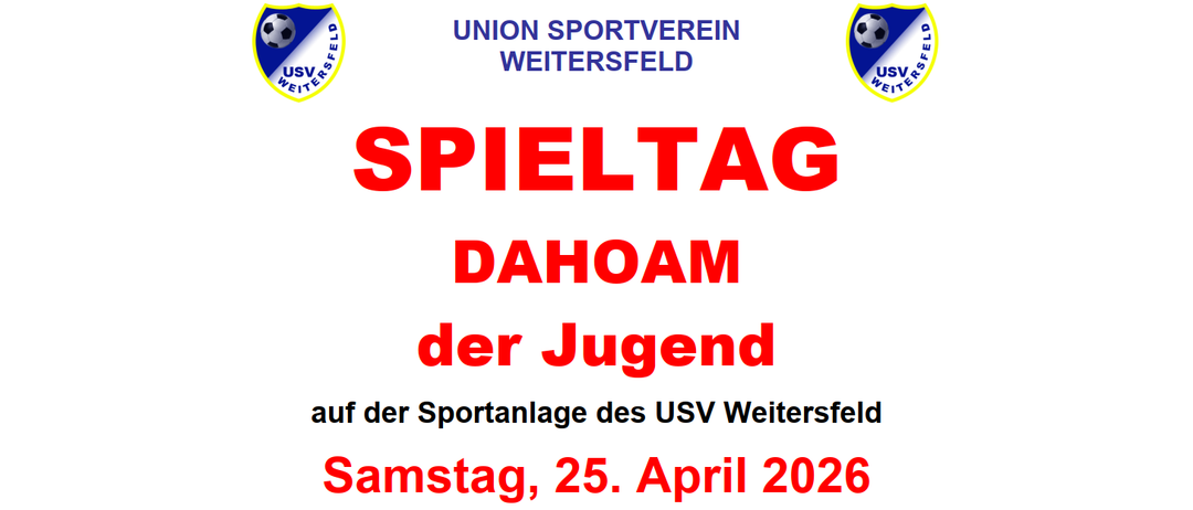 Ein Plakat für den Jugendtag des Union Sportverein Weitersfeld am 25. April 2026 mit einem Fußball und Teamlogos.