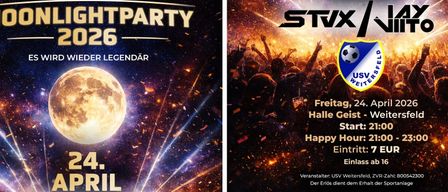 Das linke Bild zeigt das Wort PARTY mit Hintergrund eines Galaxie. Das rechte Bild zeigt eine Menschenmenge bei einer Veranstaltung mit Feuerwerk und Lichtern.