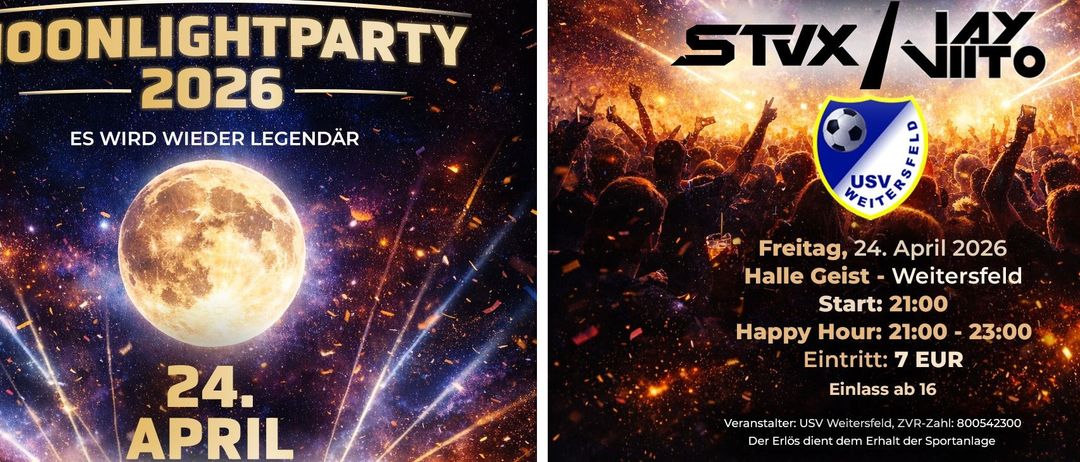 Das linke Bild zeigt das Wort PARTY mit Hintergrund eines Galaxie. Das rechte Bild zeigt eine Menschenmenge bei einer Veranstaltung mit Feuerwerk und Lichtern.