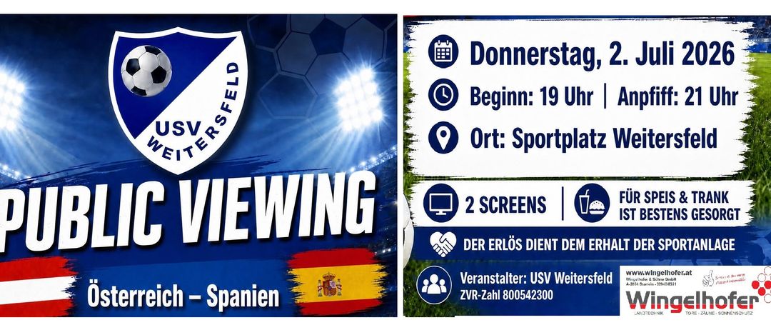Werbeplakat für ein Fußballereignis für Spanien mit Details zur Veranstaltungszeit und -ort. Die Veranstaltung wird von USVpanien veranstaltet.
