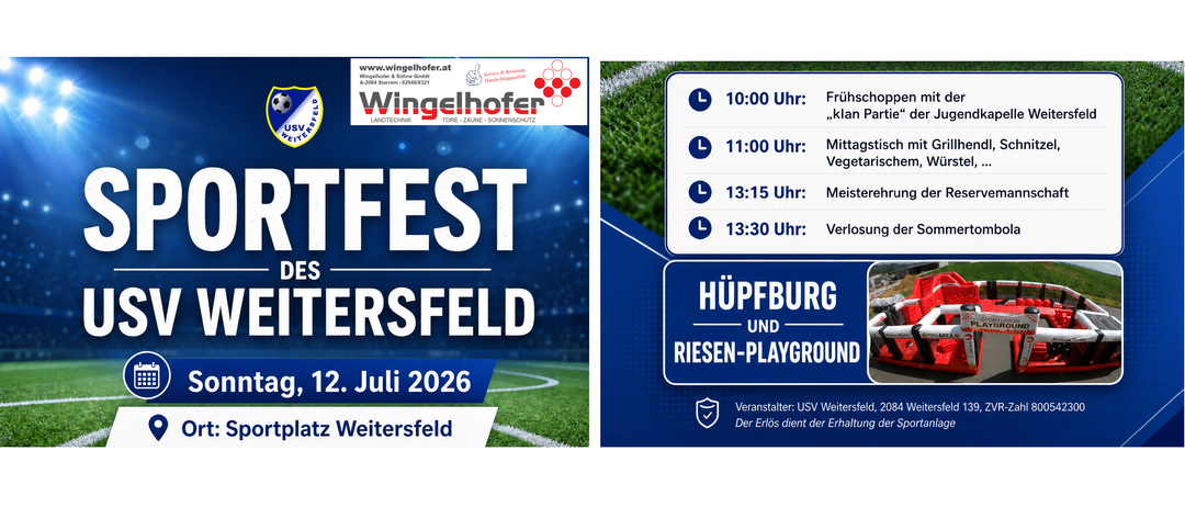 Veranstaltungsplakat für Hüpfburg und Riesen-Spielplatz in Weitersfeld. Datum: 2. Juli 2026. Veranstalter: USV Weitersfeld. Zeiten: 10:00, 11:00, 13:15 und 13:30. Wingelhofer Logo vorhanden.