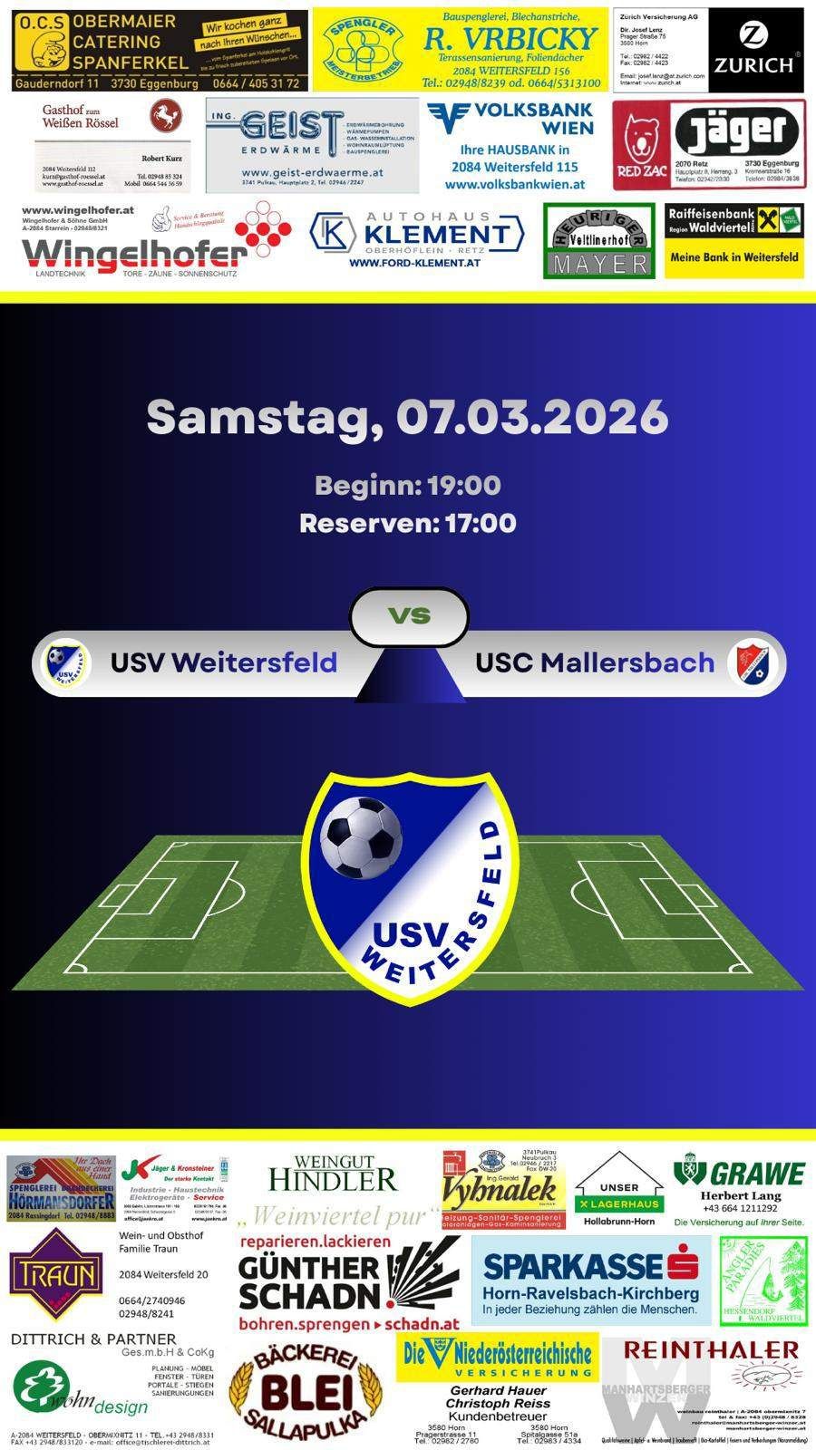 Eine Fußballspiel-Ankündigung auf blauem Hintergrund. Die Teams sind USV Weitersheim und USC Mallersbach. Das Spiel findet am 7. März 2026 um 19:00 statt, mit einem Reservespiel um 17:00.