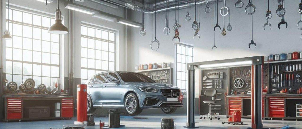 Eine moderne Autowerkstatt mit einem blauen Auto, das unter Leuchtstoffröhren angehoben ist. An den Wänden befinden sich Regale mit Werkzeugen und Reifen.