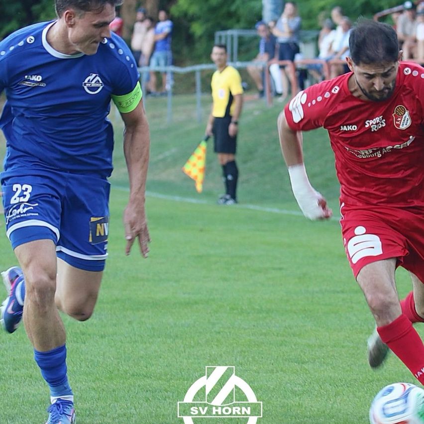 Two soccer players in blue and red uniforms are running on a field, with a referee in yellow nearby. The player in blue has the number 23 on his jersey.