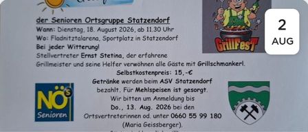 Ein Flyer für die Veranstaltung der Senioren Ortsgruppe Statzendorf am 18. August 2026 mit einem Cartoon-Koch, der Essen grillt. Die Veranstaltung findet in der Fladnitztalarena Sportplatz statt. Die Anmeldung ist bis zum 13. August 2026 erforderlich.