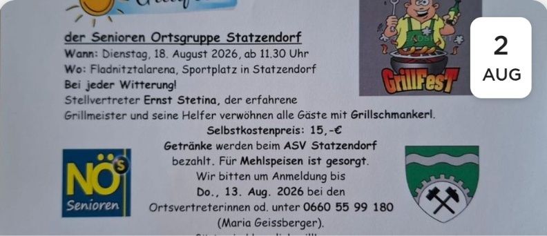 Ein Flyer für die Veranstaltung der Senioren Ortsgruppe Statzendorf am 18. August 2026 mit einem Cartoon-Koch, der Essen grillt. Die Veranstaltung findet in der Fladnitztalarena Sportplatz statt. Die Anmeldung ist bis zum 13. August 2026 erforderlich.