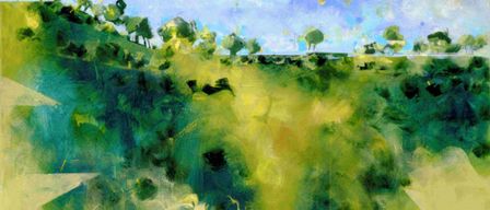 An abstract painting depicting a lush green landscape with hills and trees under a blue sky with clouds. The foreground features thick brush strokes of vibrant green and yellow.