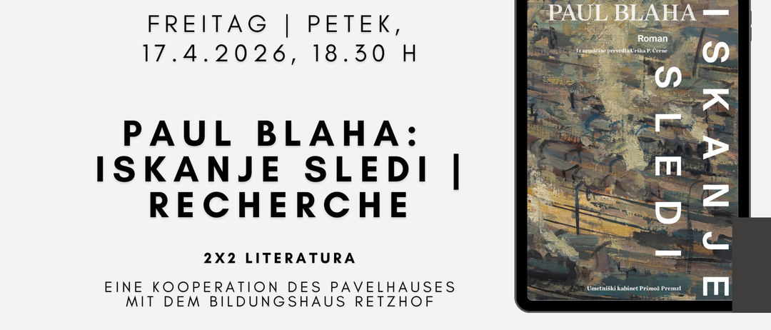 Paul Blaha: Anje Sledi I Recherche Veranstaltung am 4. April 2026 um 18:30 Uhr. 2x2 Literatura. Bild eines Gemäldes auf einem Tablet.