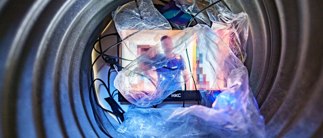 Ein Nahaufnahme eines Computerbildschirms in einem Fass, bedeckt mit Plastiktüten und Kabeln. Der Monitor zeigt ein pixeliges Bild einer Person in einem blauen Hemd.