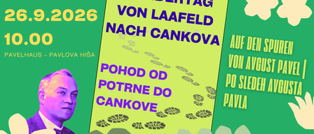 Ein Plakat mit gelbem Hintergrund, das einen Wanderweg von Laafeld nach Cankova zeigt. Das Plakat enthält Fußabdrücke, ein Datum von 026 und eine Silhouette einer Person.