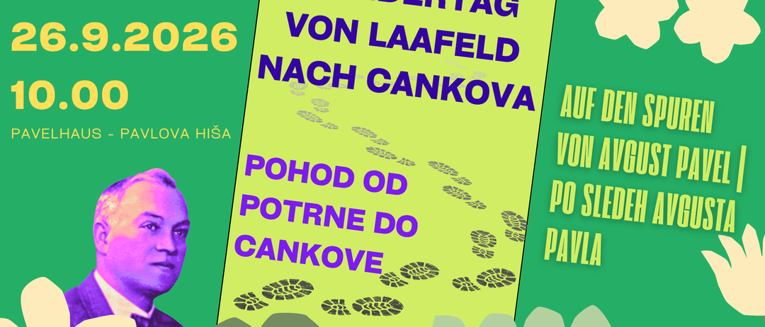 Ein Plakat mit gelbem Hintergrund, das einen Wanderweg von Laafeld nach Cankova zeigt. Das Plakat enthält Fußabdrücke, ein Datum von 026 und eine Silhouette einer Person.