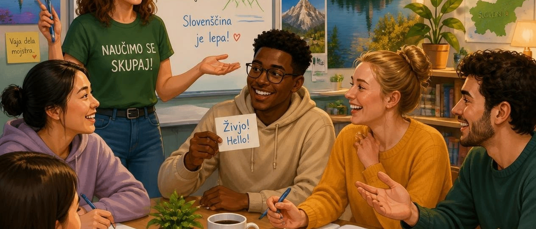 Eine Gruppe von Menschen sitzt um einen Tisch in einem Klassenzimmer. Eine Person hält ein Schild mit der Aufschrift 'Zivjo! Hallo!'. Eine Frau in einem grünen Shirt unterrichtet sie. Auf dem Tisch liegen Bücher, Notizbücher und eine Kaffeetasse. An der Wand hängen Poster, darunter eines mit der Aufschrift 'Slowenien' und ein weiteres mit einer Karte von Slowenien.