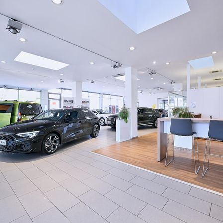 Ein modernes Autohaus mit mehreren Autos, darunter ein schwarzer Audi, auf Fliesenböden ausgestellt. Es gibt Topfpflanzen und zwei blaue Stühle in der Nähe eines hölzernen Schreibtisches.