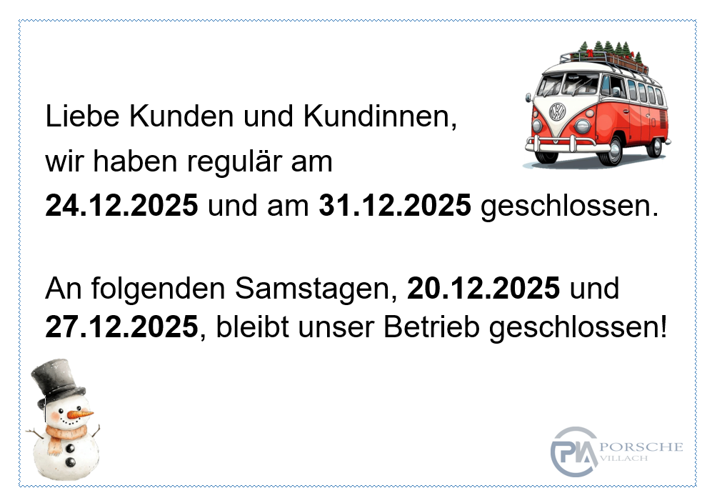 Das Bild zeigt einen VW-Bus mit Weihnachtsbäumen auf dem Dach. Es informiert, dass das Geschäft an bestimmten Tagen geschlossen bleibt.