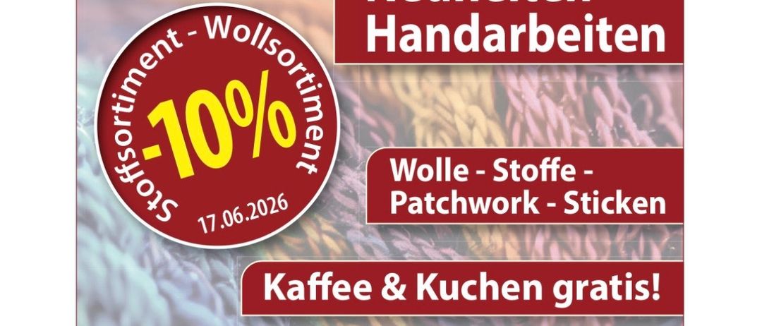 Werbeanzeige für Bernina Nähmaschinen mit 10% Rabatt auf Zubehör, Stoffe, Patchwork und Sticken. Kaffee und Kuchen gratis. Mittwoch, 1. Juli 2026, Stricken mit CraSy Sylvie.
