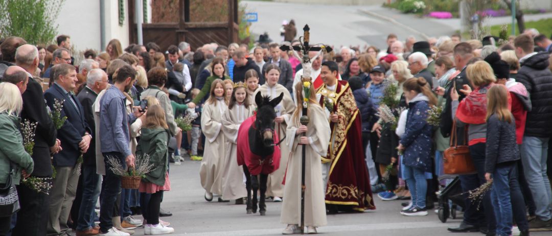 Ein religiöser Umzug mit einem Esel und Leuten in Gewändern. Einige halten Blumen und ein Kreuz. Zuschauer säumen die Straße, manche in Hüten. Das Setting erscheint traditionell.