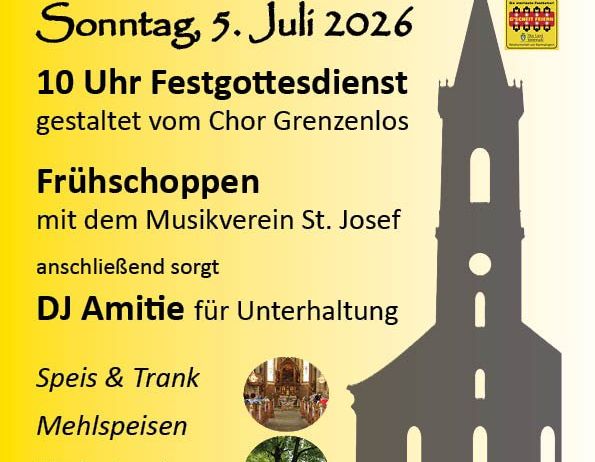 Das Plakat bewirbt ein Pfarrfest für St. Josef, das am 5. Juli 2026 stattfinden soll. Die Veranstaltung umfasst eine 10 Uhr Messe, gefolgt von Frühstück und DJ-Unterhaltung. Es wird Essensstände, Weinstände und einen Kinderspielplatz geben.