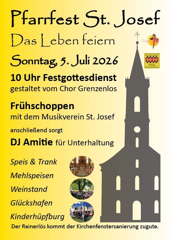 Das Bild zeigt eine Einladung zum Pfarrfest St. Josef, geplant für den 5. Juli 2026. Es zeigt eine Kirchensilhouette und Details zu einem festlichen Gottesdienst, Frühstück, Musik und Unterhaltung.