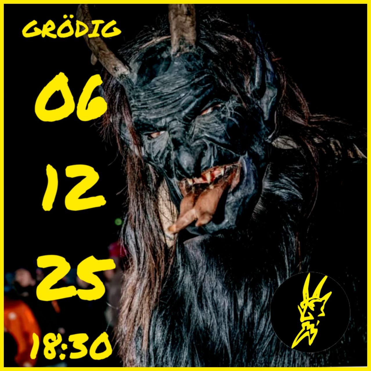 Ein Bild einer Person mit einer schwarzen Hornmaske, mit den Zahlen 06, 12 und 25 und der Zeit 18:30 angezeigt.