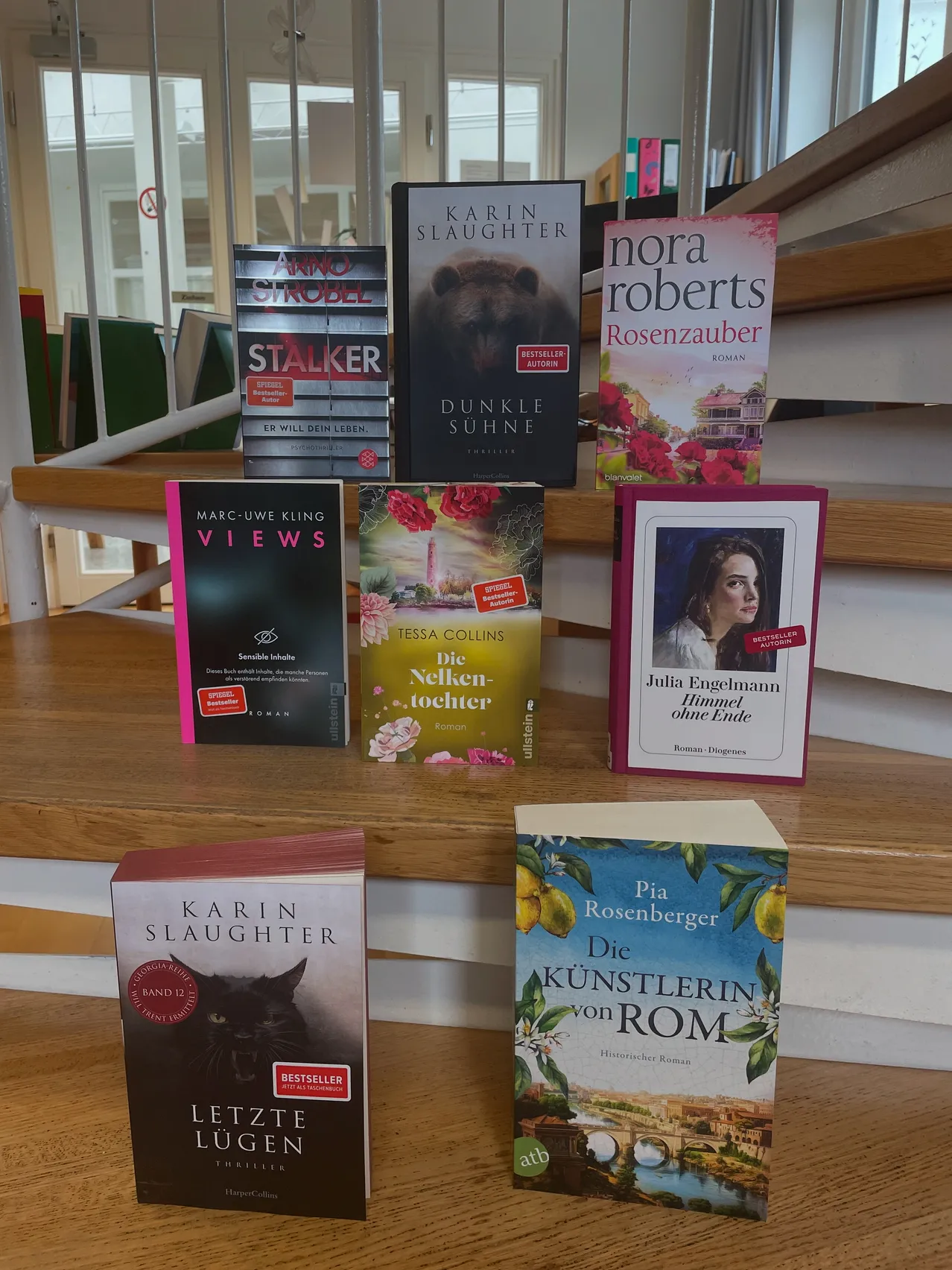 Mehrere Bücher auf einer Holztreppe, darunter Karin Slaughter, Nora Roberts und andere. Ein Kater ist auf einem der Bücher.