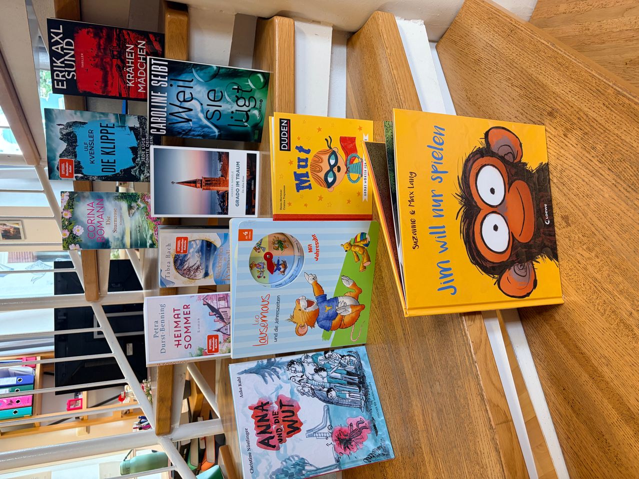 A collection of children's books arranged on wooden stairs, including titles like 'Mit', 'Anna und die Wut', and 'Jumbo will spielen'.