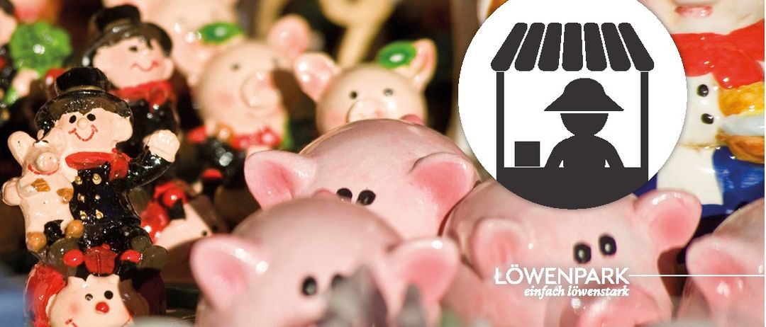 Viele rosafarbene Sparschweine werden in einer verschwommenen Umgebung gezeigt, darunter eine schwarze Silhouette einer Person unter einem Baldachin.