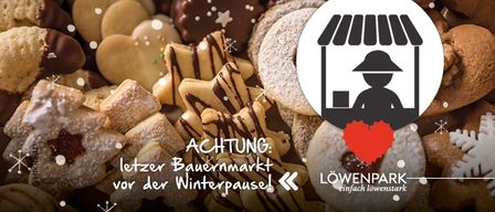 Eine Werbung für einen Bäckermarkt vor der Winterpause mit verschiedenen Keksen und einer Silhouette eines Bäckers.
