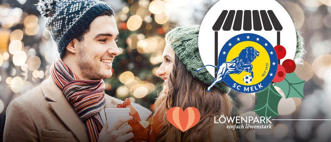 Ein Paar in Winterkleidung, lächelnd, mit einer Tasse, vor einem Weihnachtsbaum und SC Melk Logo.