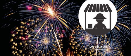 Ein lebendiges Feuerwerk mit einer Silhouette einer Person in einem Geschäft, Markenname 'Lowenpark'.