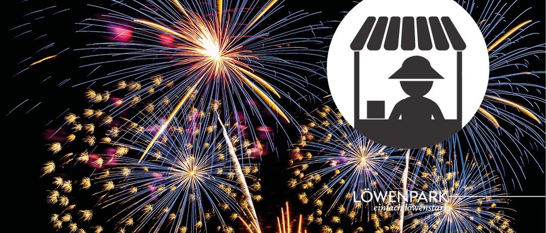 Ein lebendiges Feuerwerk mit einer Silhouette einer Person in einem Geschäft, Markenname 'Lowenpark'.