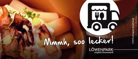 Ein Teller mit einem Fleischgericht, Sahne und Garnierung, begleitet von einem LKW-Logo und den Worten 'Mmmh, soo lecker!' in weiß.