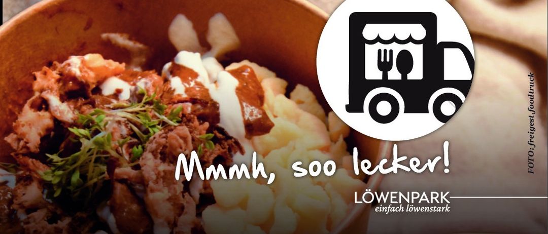 A bowl of food with a food truck icon and text Mmmh, soo lecker! Above it.