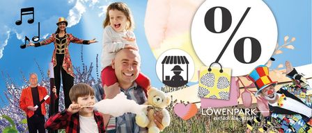 A family enjoys a day at Löwenpark, with a man carrying a child on his shoulders, a boy eating cotton candy, and a girl sitting on his shoulders. There is a 0% sign, a hat, and balloons in the background.