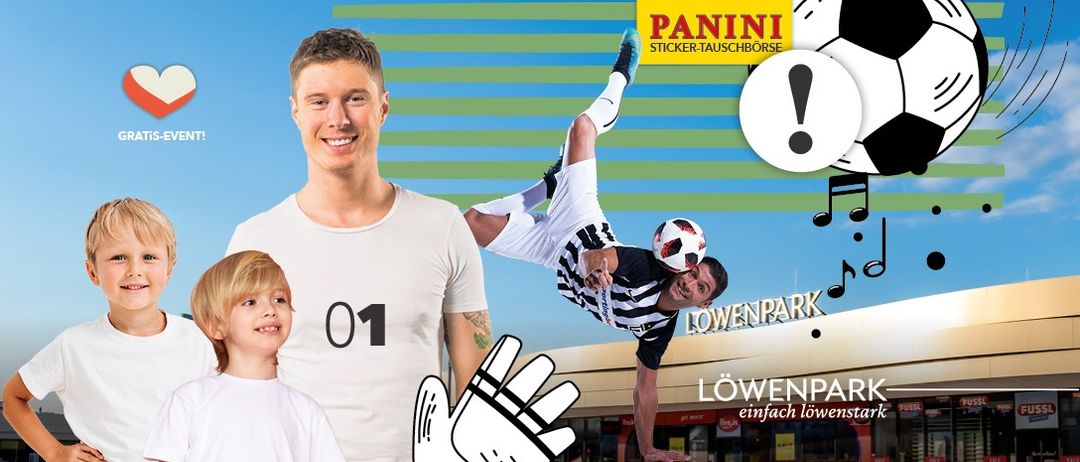 Werbeaktion für Panini-Stickertausch mit zwei Männern und einem Jungen mit einem Fußball. Der Fußballspieler macht einen Handstand mit einem Ausrufezeichen.