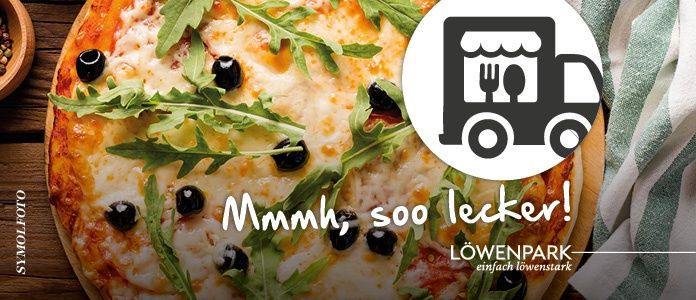 Eine Pizza mit Käse, Oliven und Rucola. Das Bild zeigt ein Truck-Symbol mit Gabel und Löffel, mit dem Text 'Mmm, so lecker!' in der Mitte.