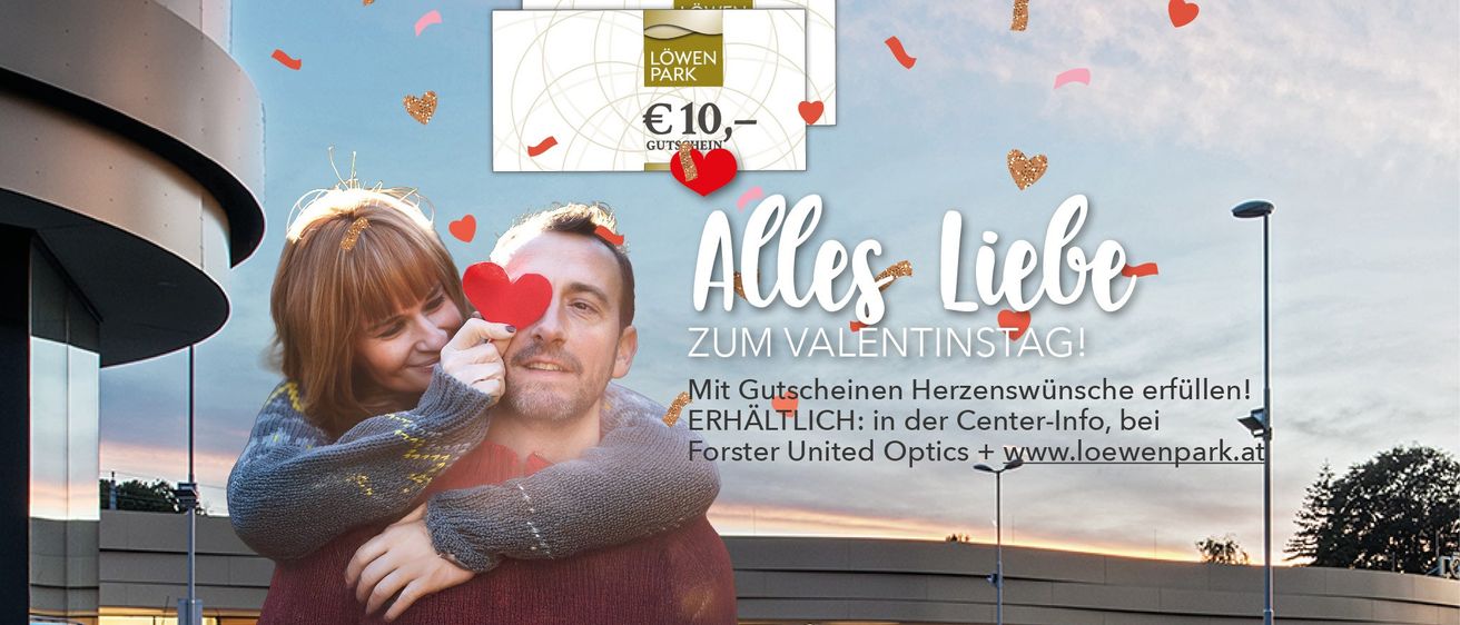 Ein Mann und eine Frau umarmen sich mit einem herzförmigen Filter über den Augen. Der Plakattext lautet Alles Lieb Zum Valentinstag. Es geht um romantische Geschenke. Der Hintergrund ist blau mit Herzen und einem Himmel.