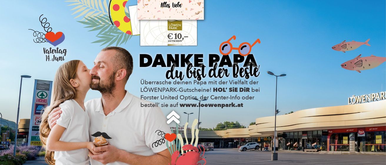 A poster shows a man smiling and holding a crab. It says 'DANKE PAPA du bist der Beste'. There are vouchers and an advertisement for Forster United Optics.